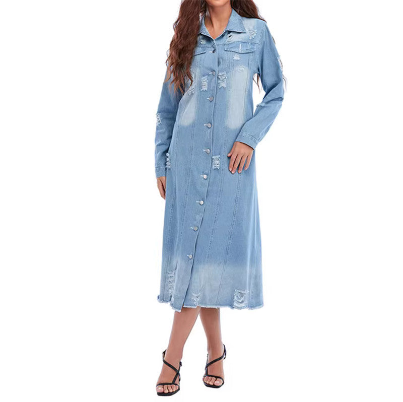 Women's Lapel Breasted Water Washed Hole Denim Jackets