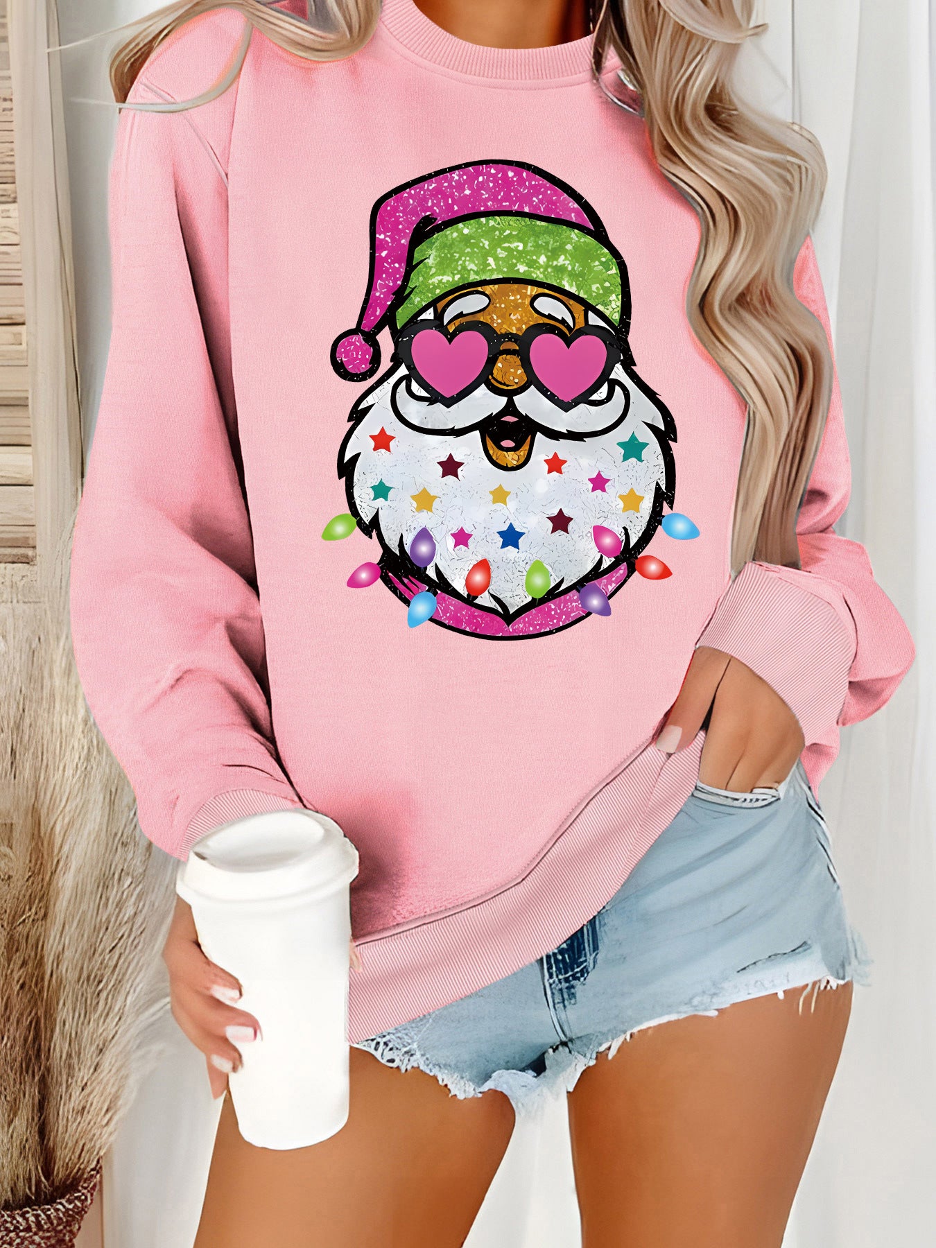 Women's Claus Graphic Print Crew Neck Casual Long Women's Sweater, Sweater