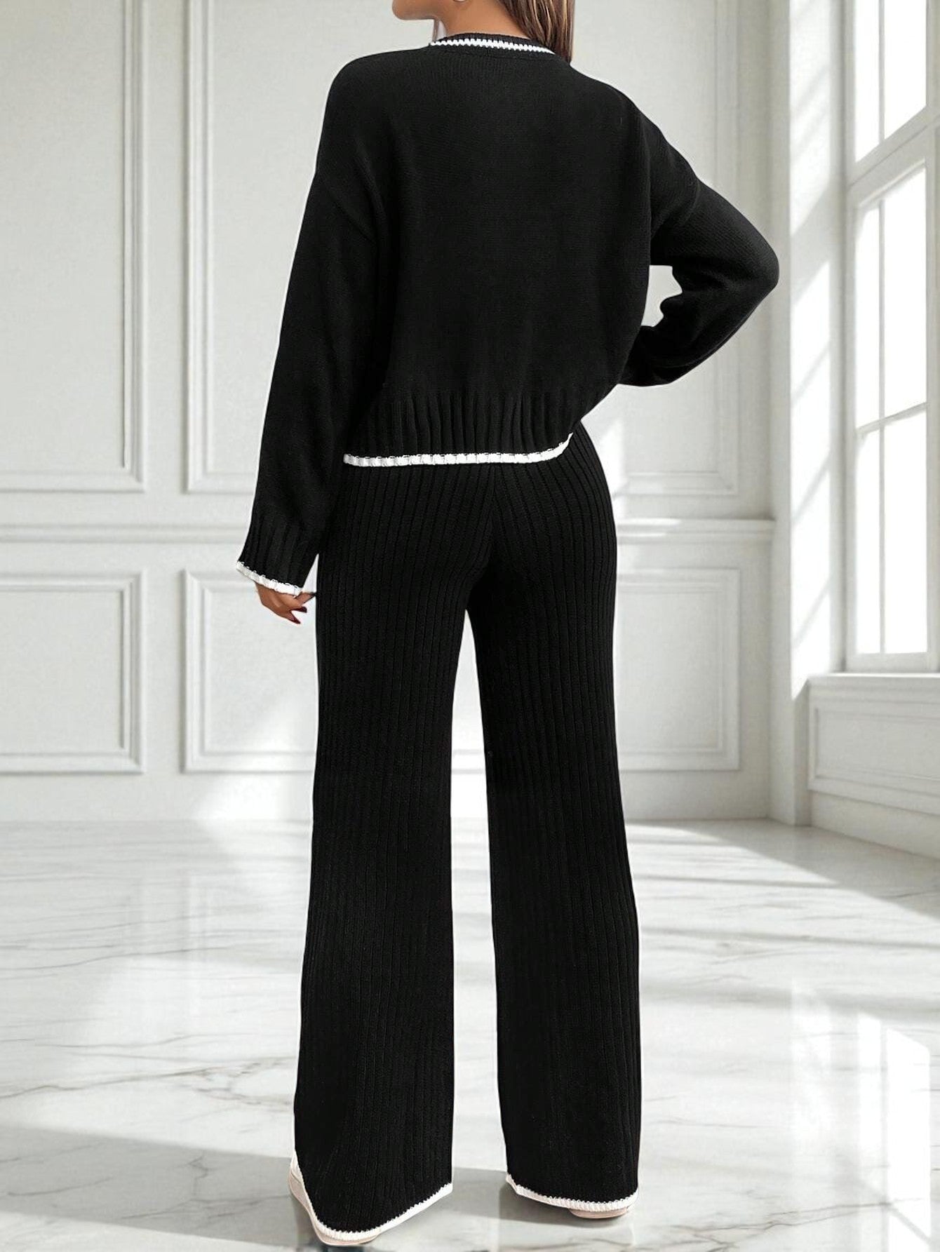 Women's Fashion Long Sleeve Knitted High Waist Wide Leg Suits
