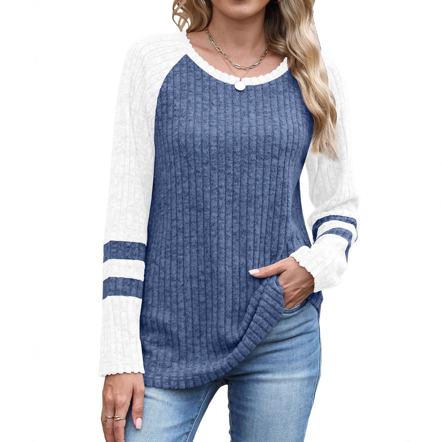 Women's Autumn Fashion Long Sleeve Contrast Color Round Neck Bottoming Sweater