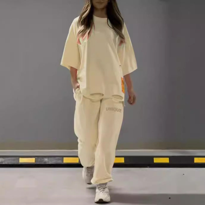 Women's Loose Crew Neck T-shirt Two-piece Set Suits