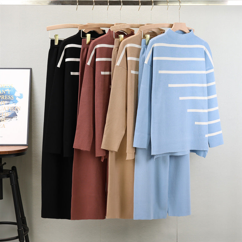 Women's Long Sleeve Striped Knitting Loose Mock Neck Suits
