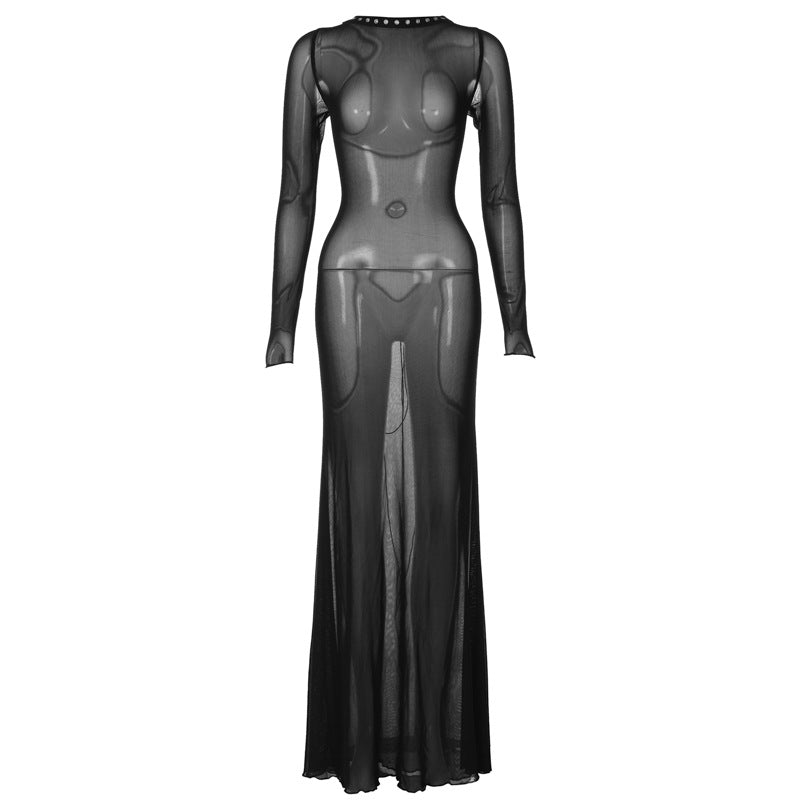 Women's Sexy Mesh Backless Lace Up Long Dresses