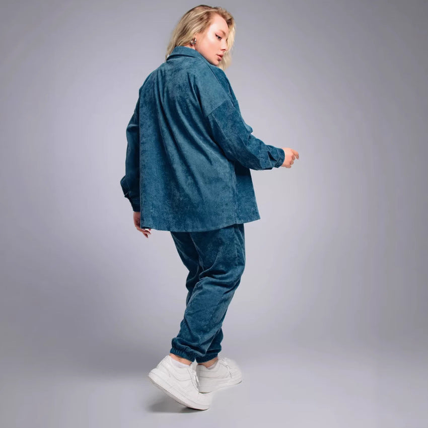 Women's Retro Lapel Shirt Outfit Loose Corduroy Trousers Fashion Casual Suit