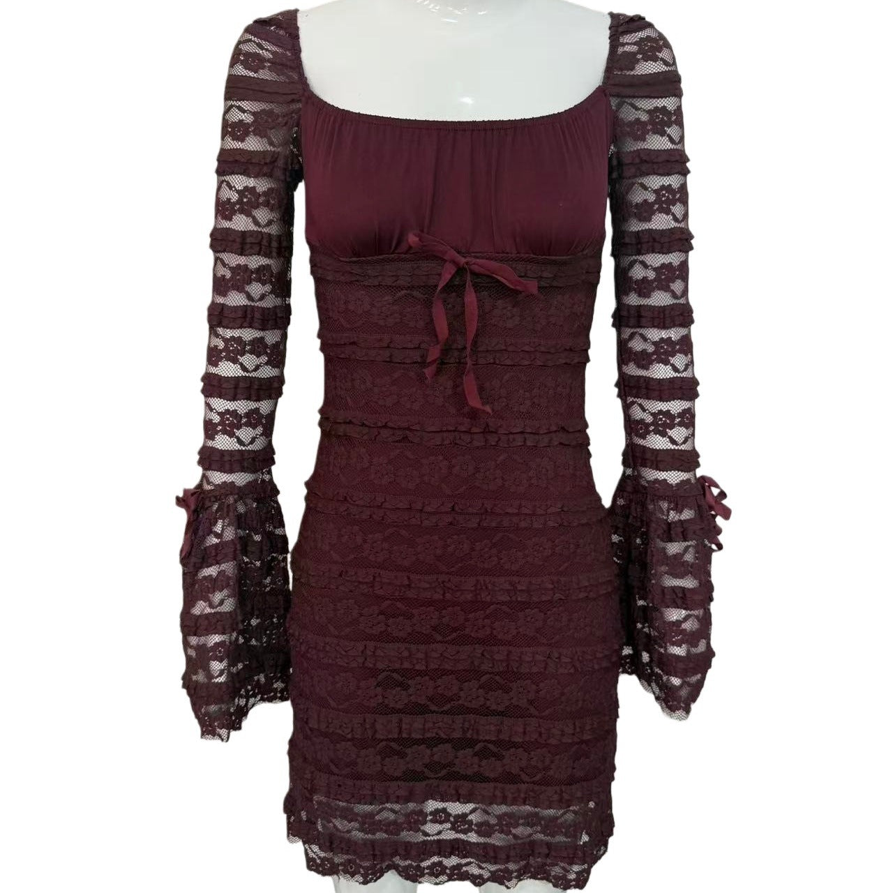 Women's Autumn Sexy Low-cut Pleated Bell Sleeve Dress