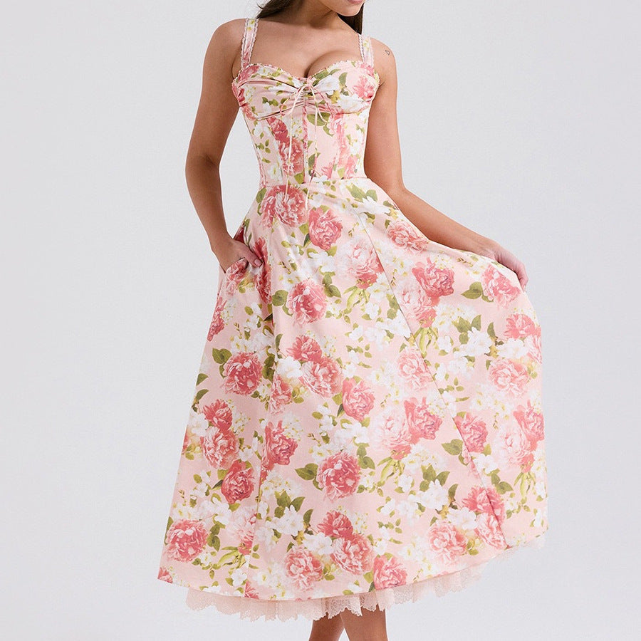 Sweet Spicy Style Holiday Printed Strap Lace Dresses