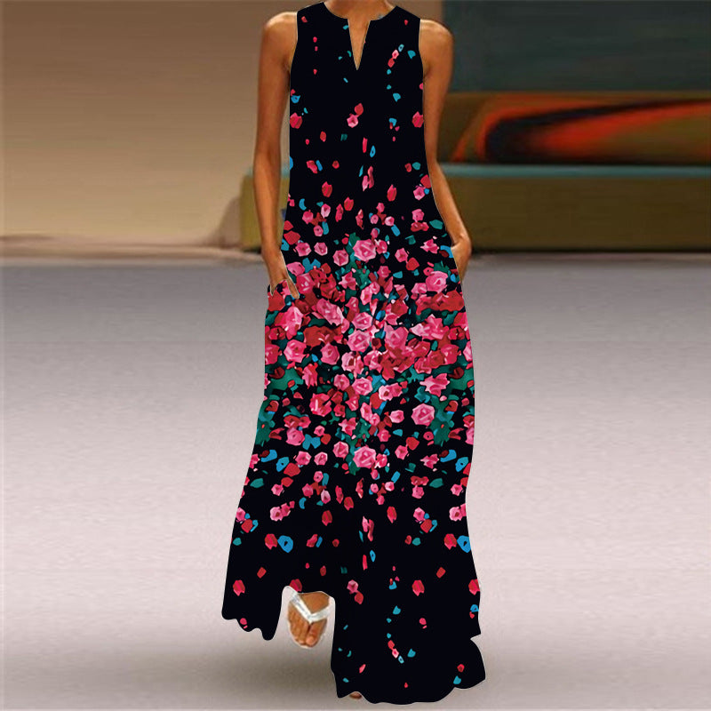 Women's Fashion Printed Sexy Pocket Maxi Dress Dresses