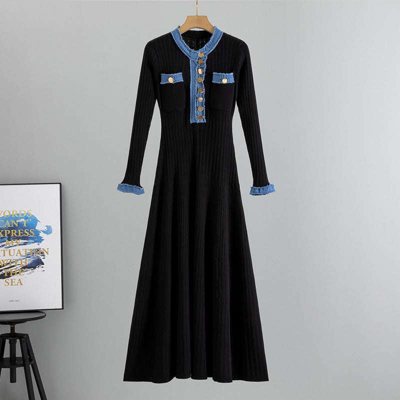 Women's Elegant Denim Stitching Contrast Color Long Dresses