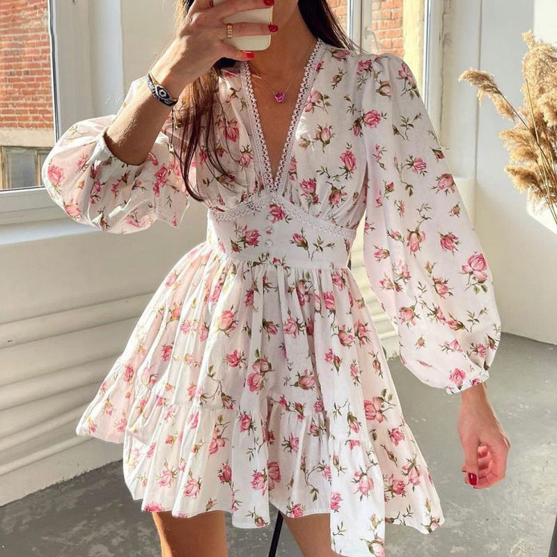 Women's Spring Sweet Printed Lace Long Sleeve Dresses