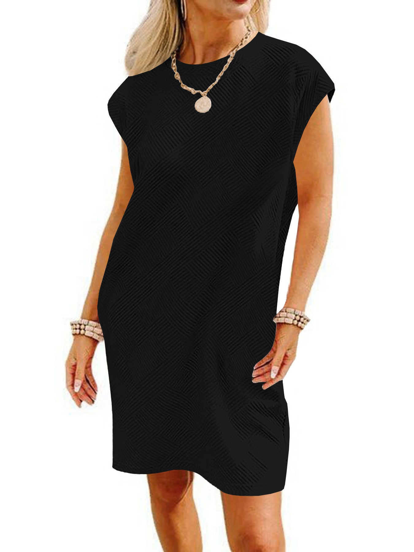 Women's Sleeve Round Neck Pullover Pocket Texture Fabric Dress