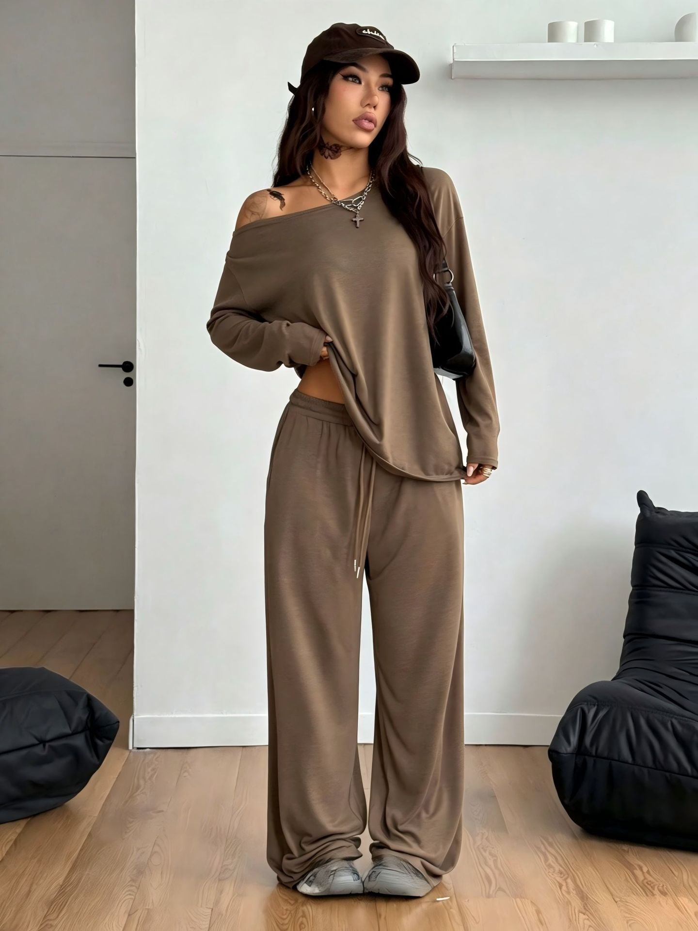 Women's Diagonal Collar Wide Leg Solid Color Fashion Casual Suit
