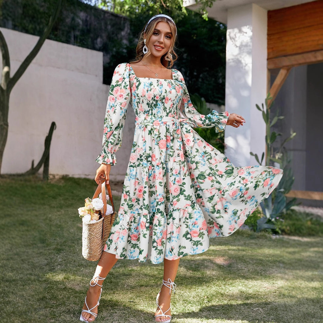 Square Collar Flared Long Sleeve Smocking High Dress