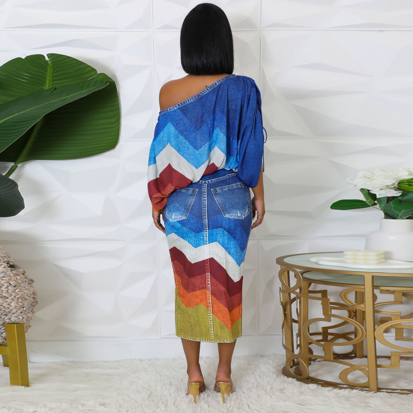 Printed Batwing Sleeve Split Two-piece Set Suits