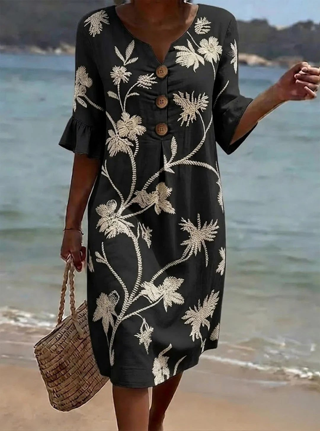 Women's Fashion Wear Buttons Floral Print Casual Cotton Dress