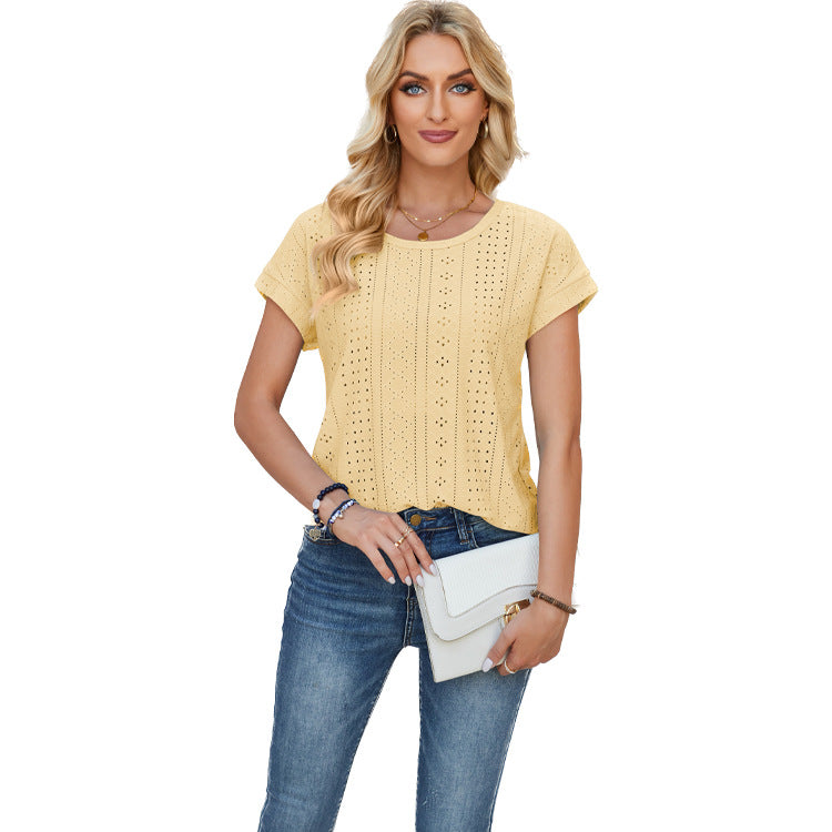 Women's Loose Round Neck Eyelet Lace Solid Blouses