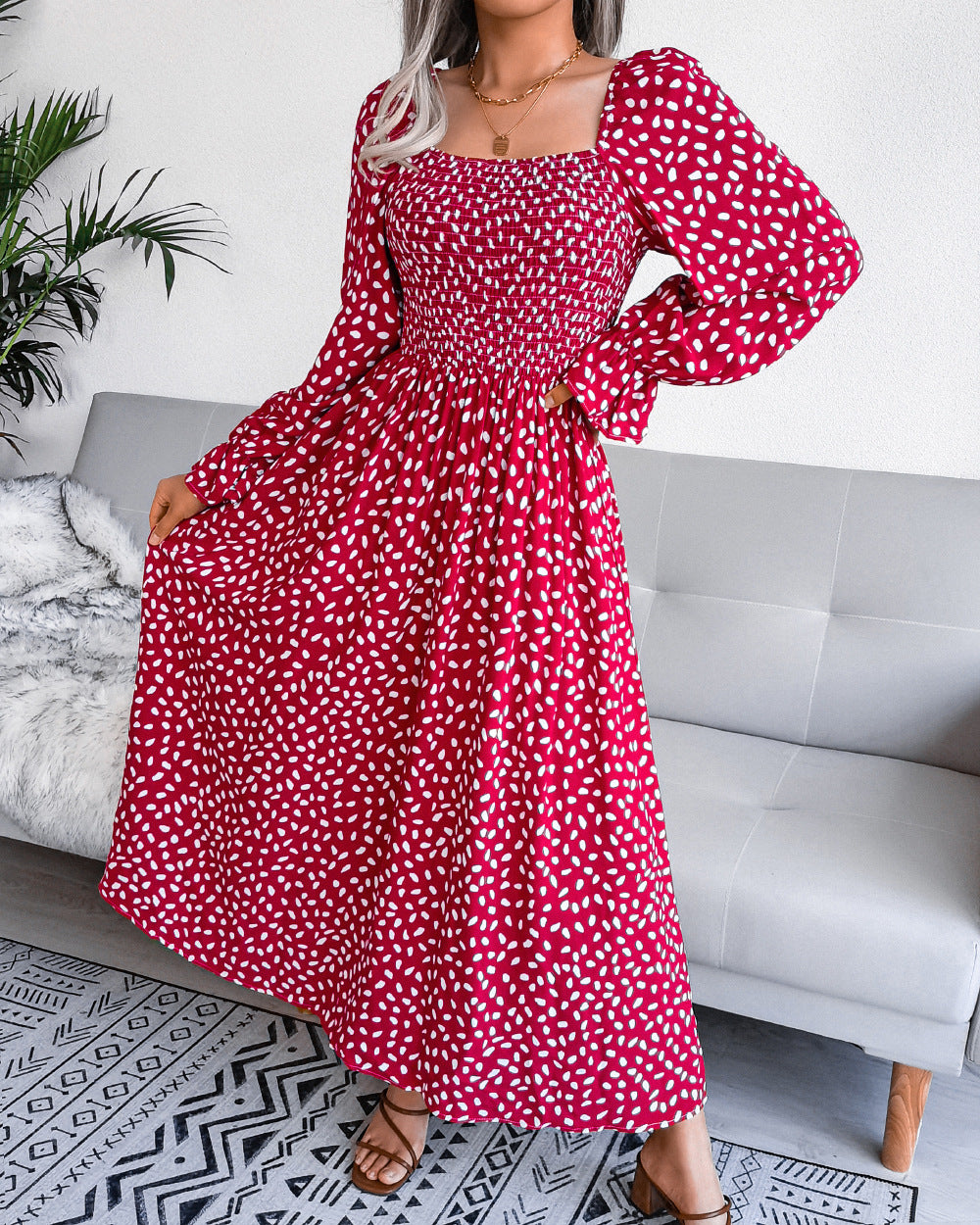 Women's Clearance Square Collar Long Sleeve Holiday Dress