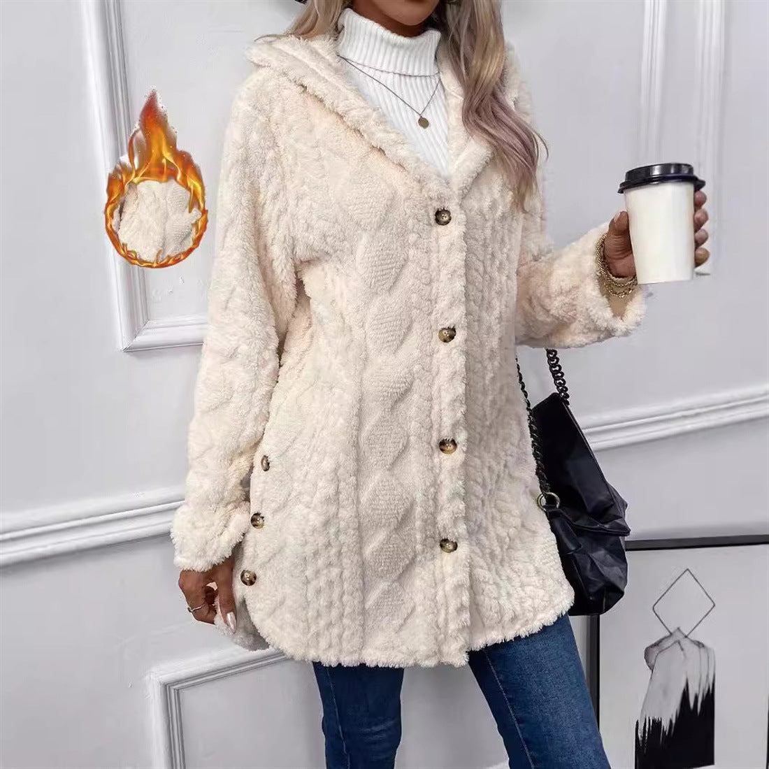 Women's Solid Color Single-breasted Plush Hoodie Fashion Jackets