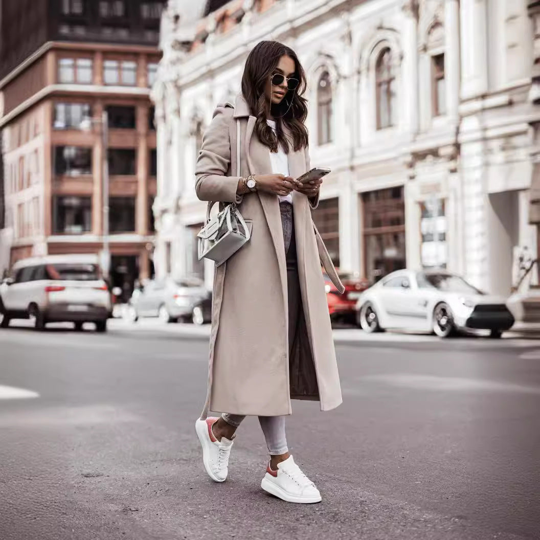 Women's Woolen Minimalist Long Sleeve Lace Up Coats