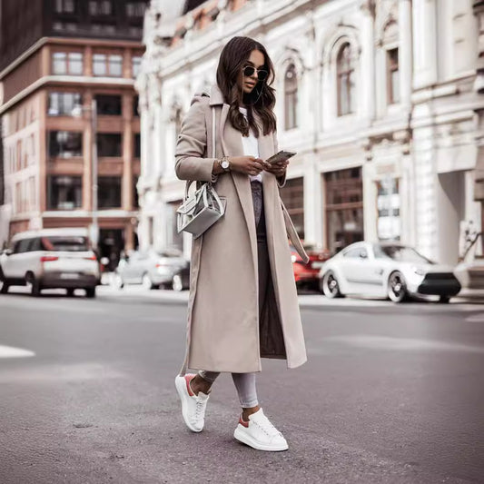 Women's Woolen Minimalist Long Sleeve Lace Up Coats
