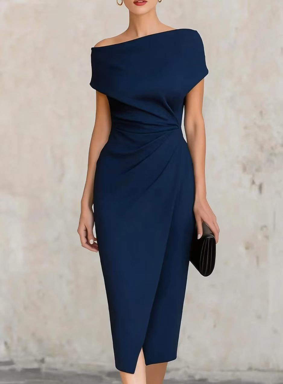 Women's Fitted Waist Pleated Banquet Commuter Split Dress