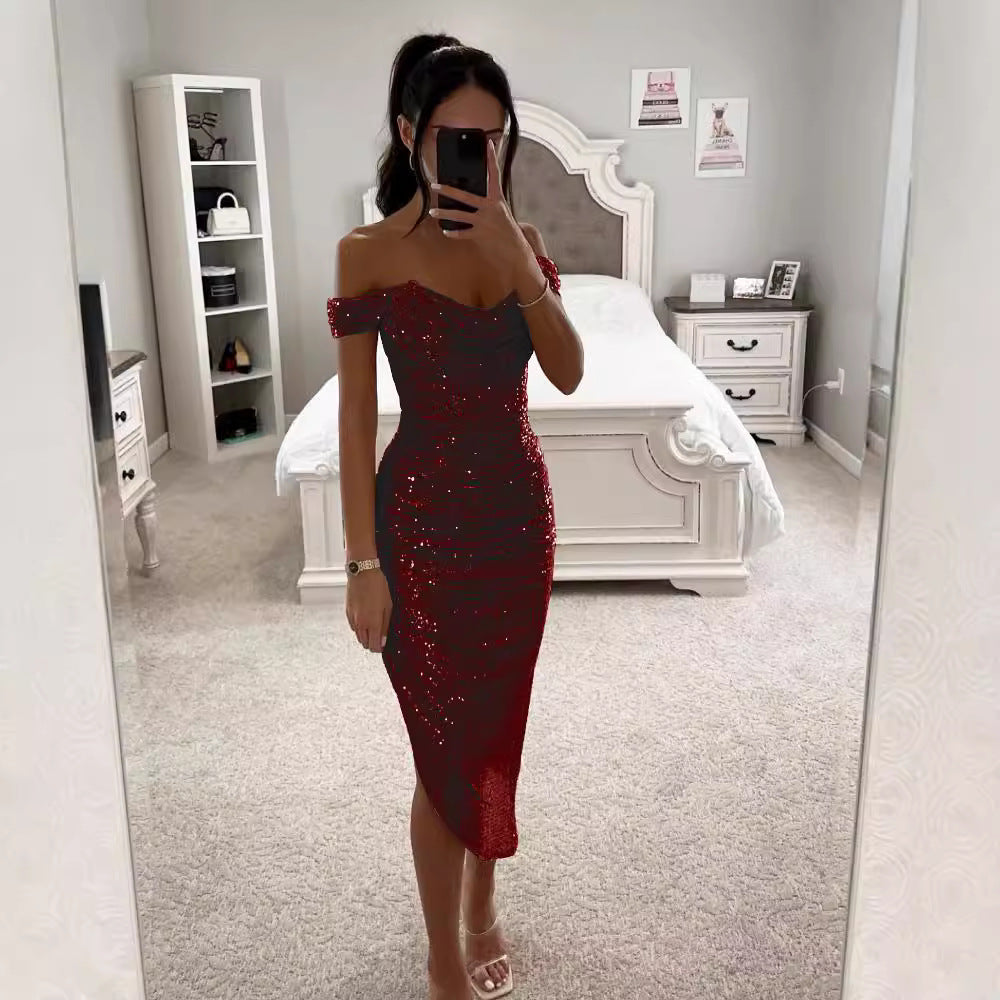 Women's Sequins Dress Casual Fashion Party Zipper Dresses