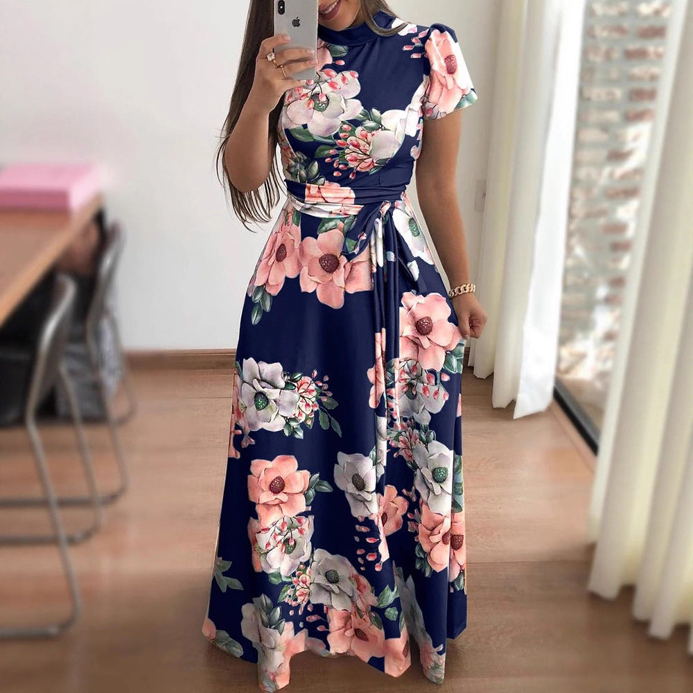 Women's Autumn Flower Print Sleeve Large Swing Dress