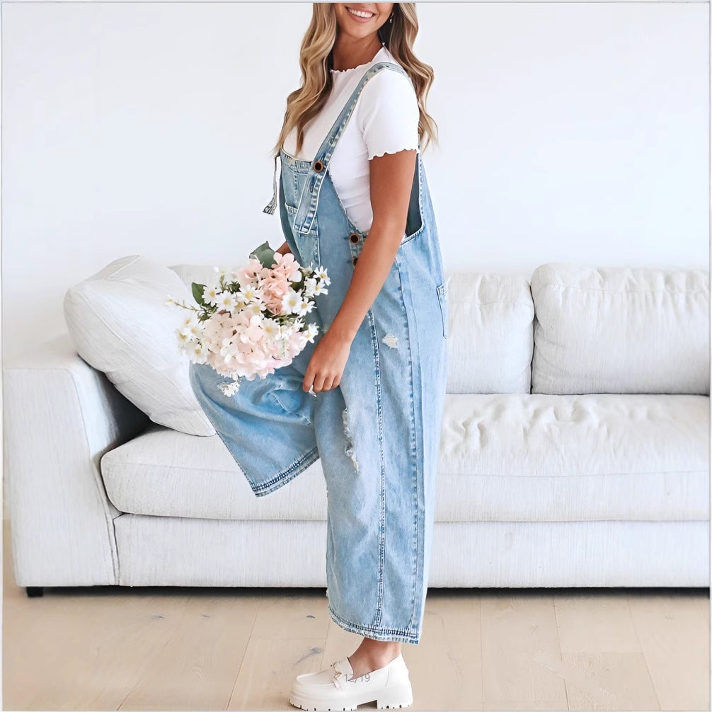 Women's Fashionable Loose Hole Casual Denim Suspender Jumpsuits