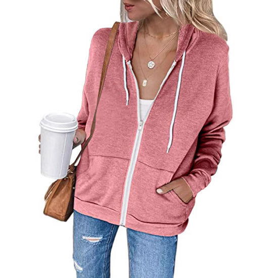 Women's Long-sleeved Hooded Drawstring Pocket Zipper Outerwear Sweaters