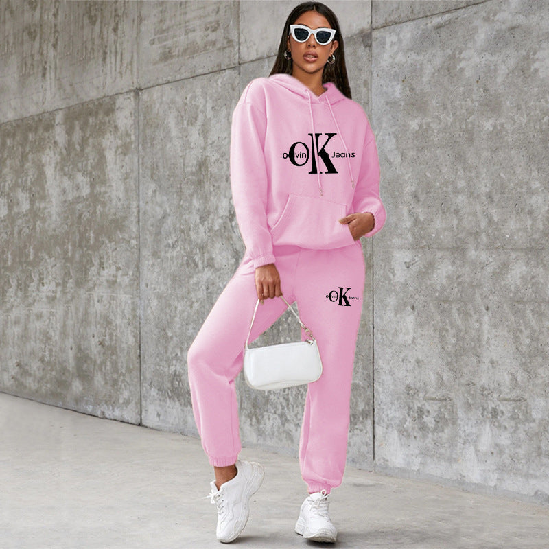 Women's American Style Loose Hooded Printed Veet Padded Fashion Casual Suit