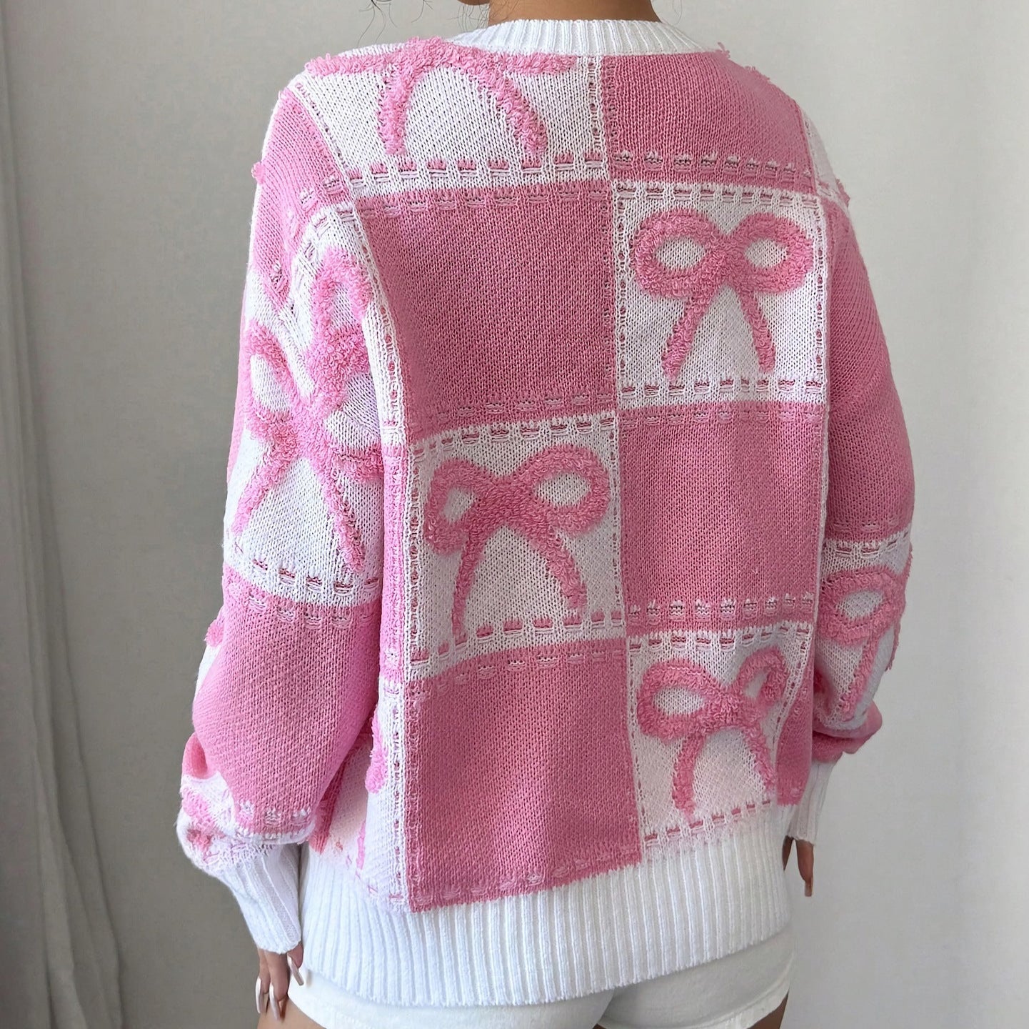 Women's Sweet Bow Design Female Pink Christmas Sweaters