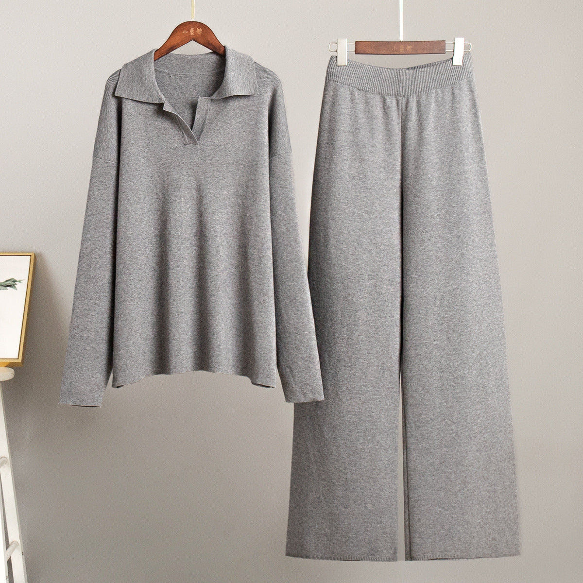 Collar Knitted Pullover Wide Leg Trousers Suits