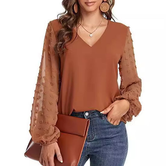 Women's Chiffon Shirt Stitching Big Fur Ball Blouses