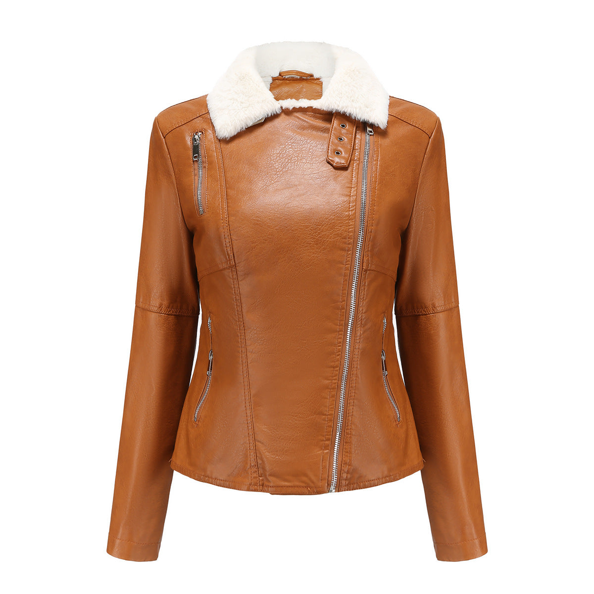 Women's Fur Integrated Leather Fleece-lined Long Sleeve Jackets