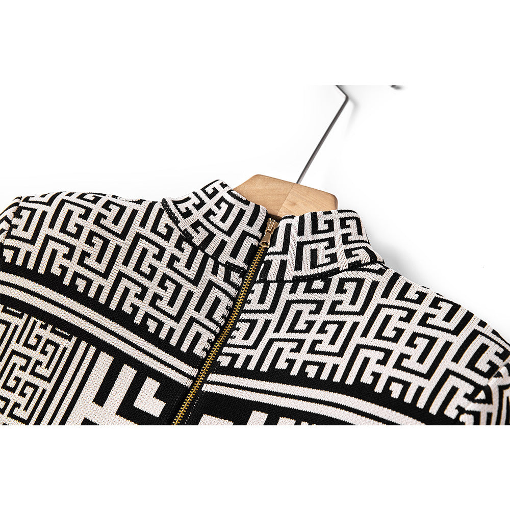 Pattern Geometric Stand-up Collar Long-sleeved Qu Knitted Dress Dresses