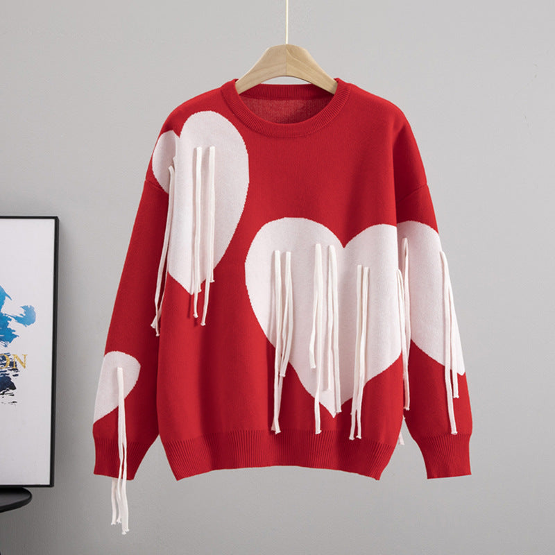 Women's Soft Round Neck Tassel Love Loose Lazy Sweater