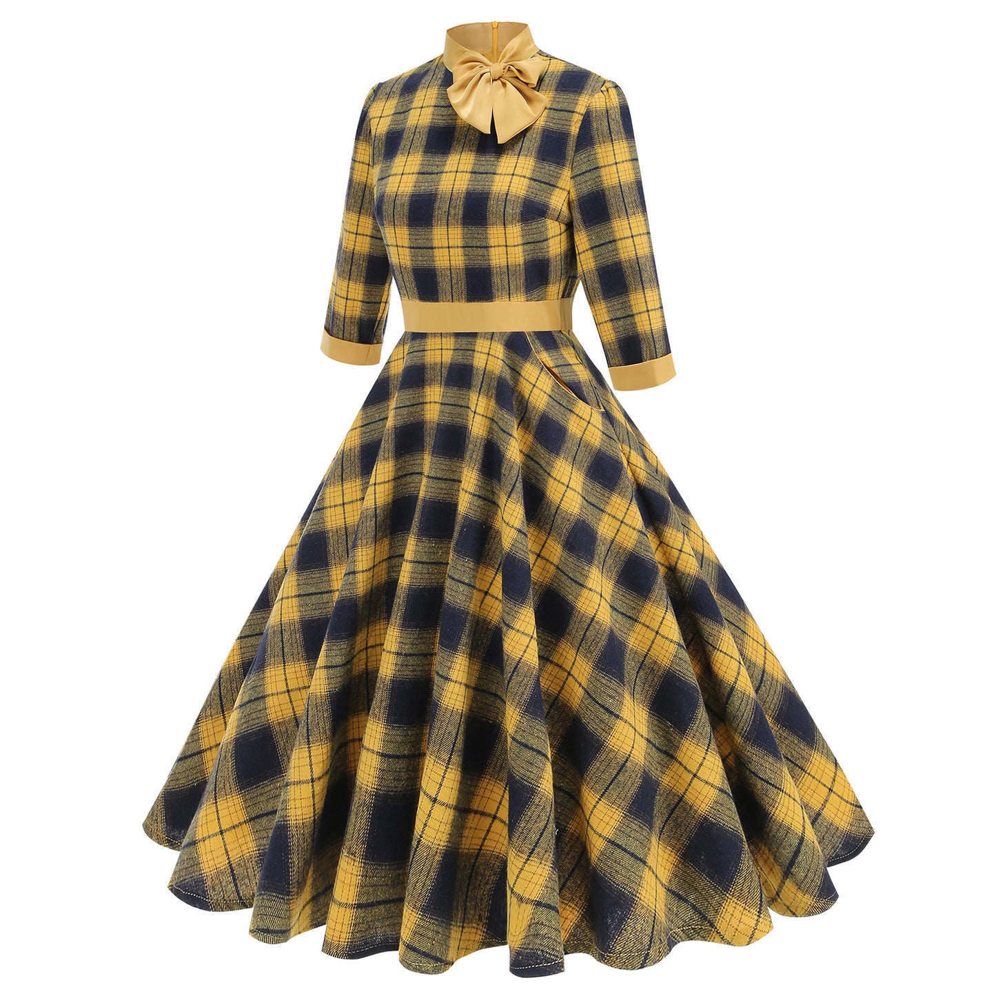 Plaid Turtleneck Three-quarter Sleeve Bow Tie Hepburn Style Retro High Dress