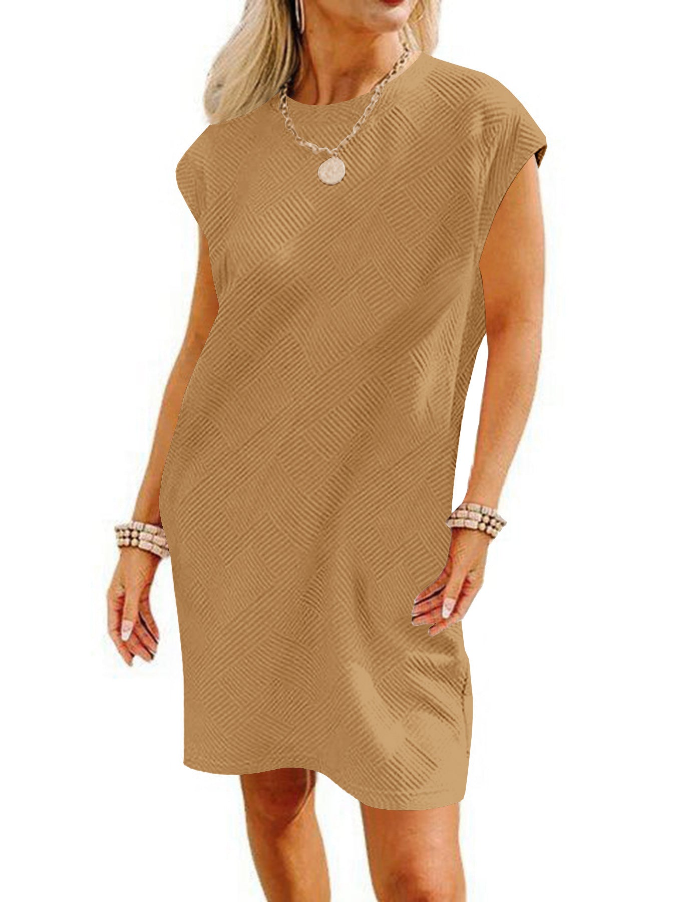 Women's Sleeve Round Neck Pullover Pocket Texture Fabric Dress