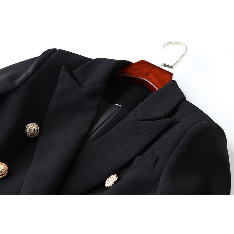 Commute Double Breasted Collar Pure Black Blazers