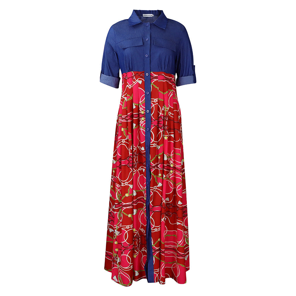 Women's Fashion Casual Denim Stitching Printing Long Dresses