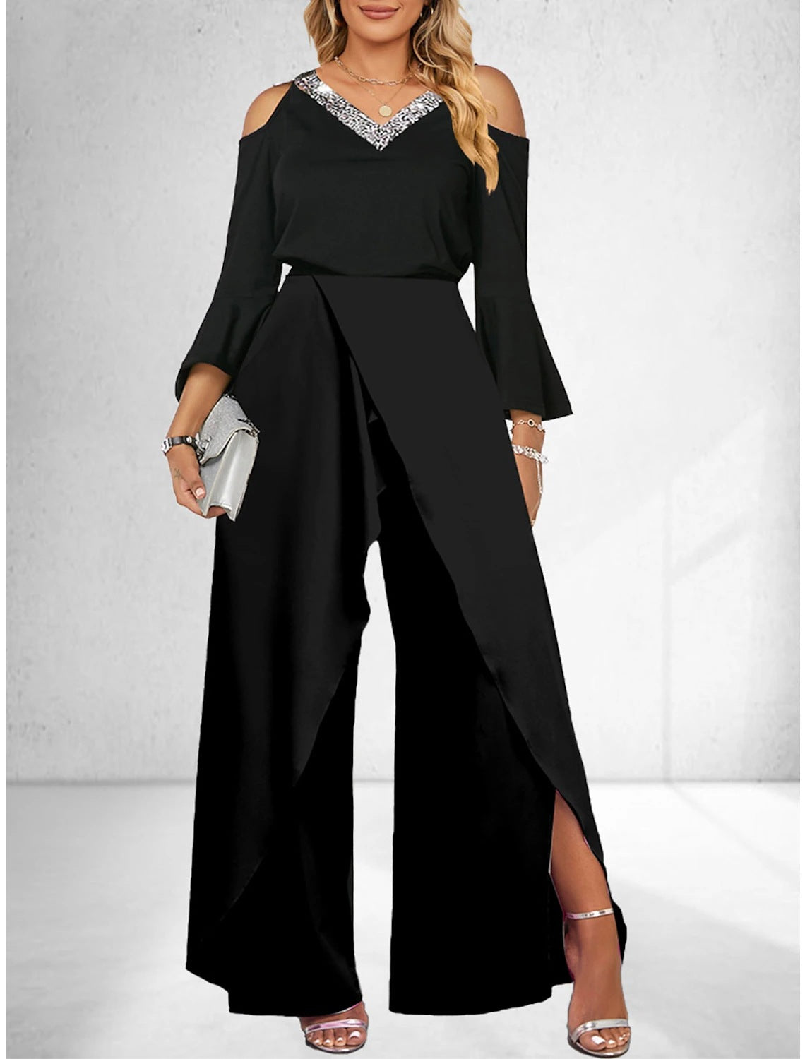 Women's Split Sequined Solid Color Collar Basic Business Elegant Wide Leg Fashion Casual Suit