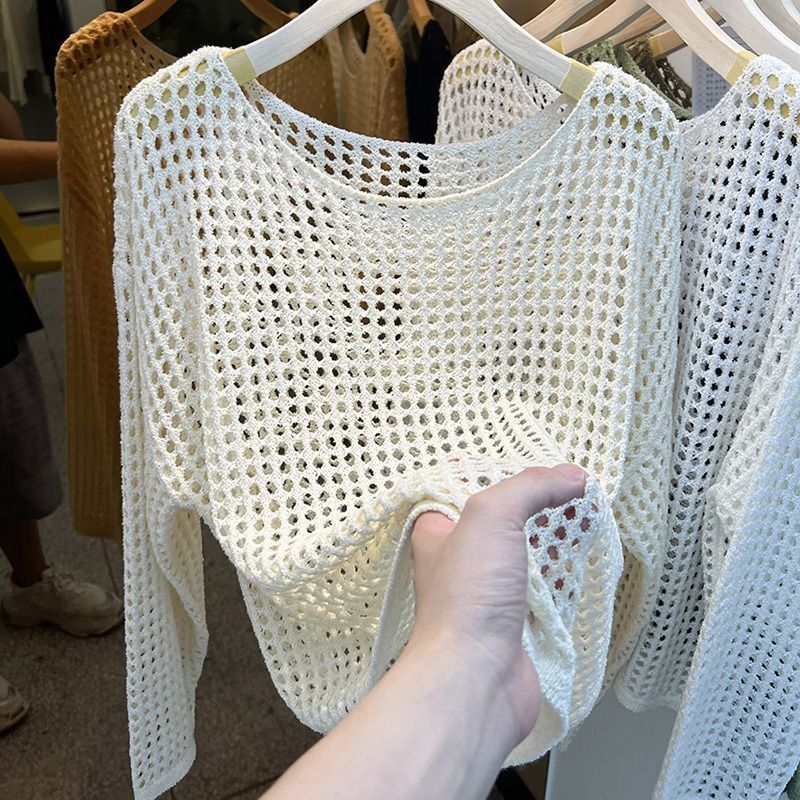 Women's Goods Long Sleeve Hollow Knitted Mesh Shirt Smock Outer Tops