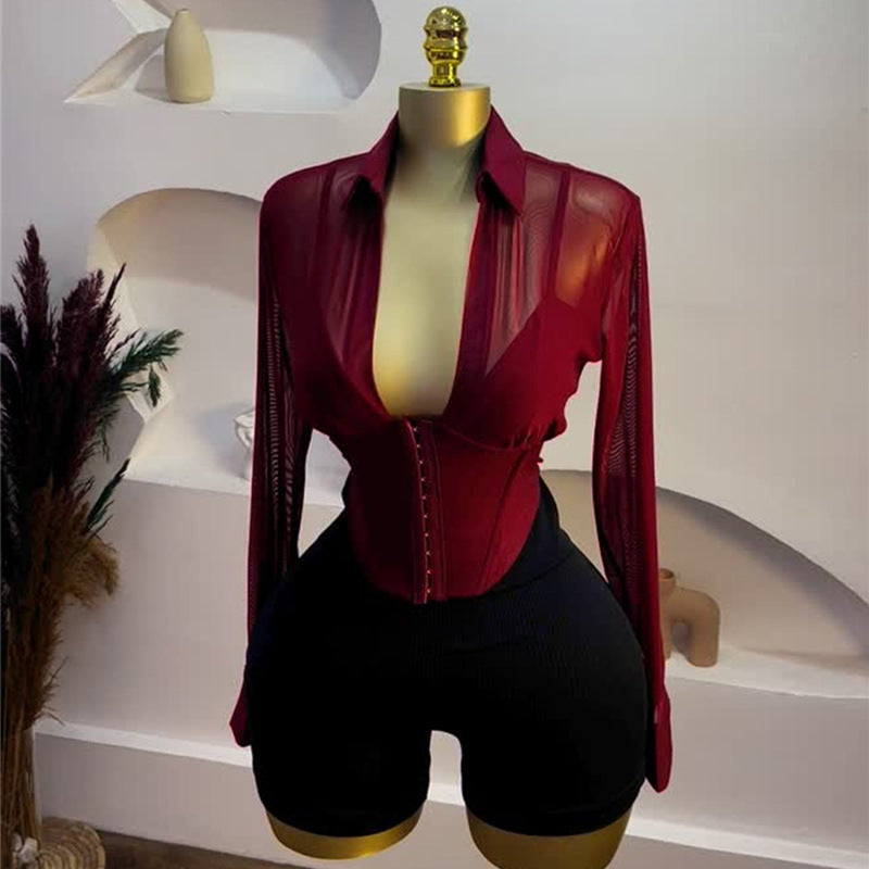 Women's Summer Dignified Sense Of Design Lapel Waist Tight Long Blouses