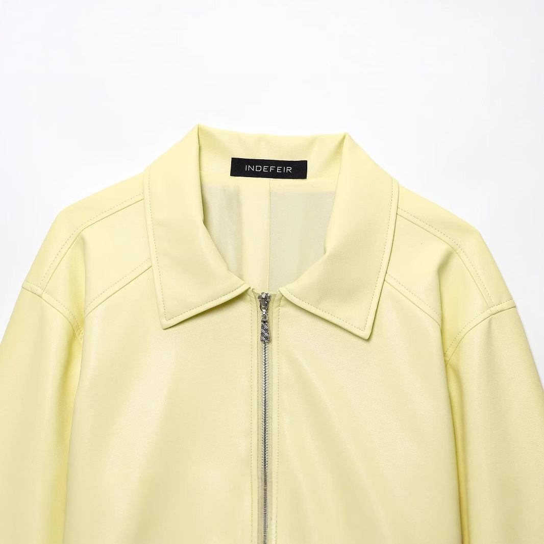 Summer Vintage Cream Lapel Zipper Leather Jackets