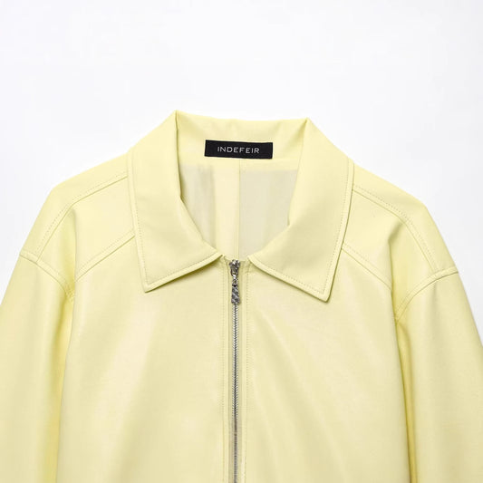 Summer Vintage Cream Lapel Zipper Leather Jackets