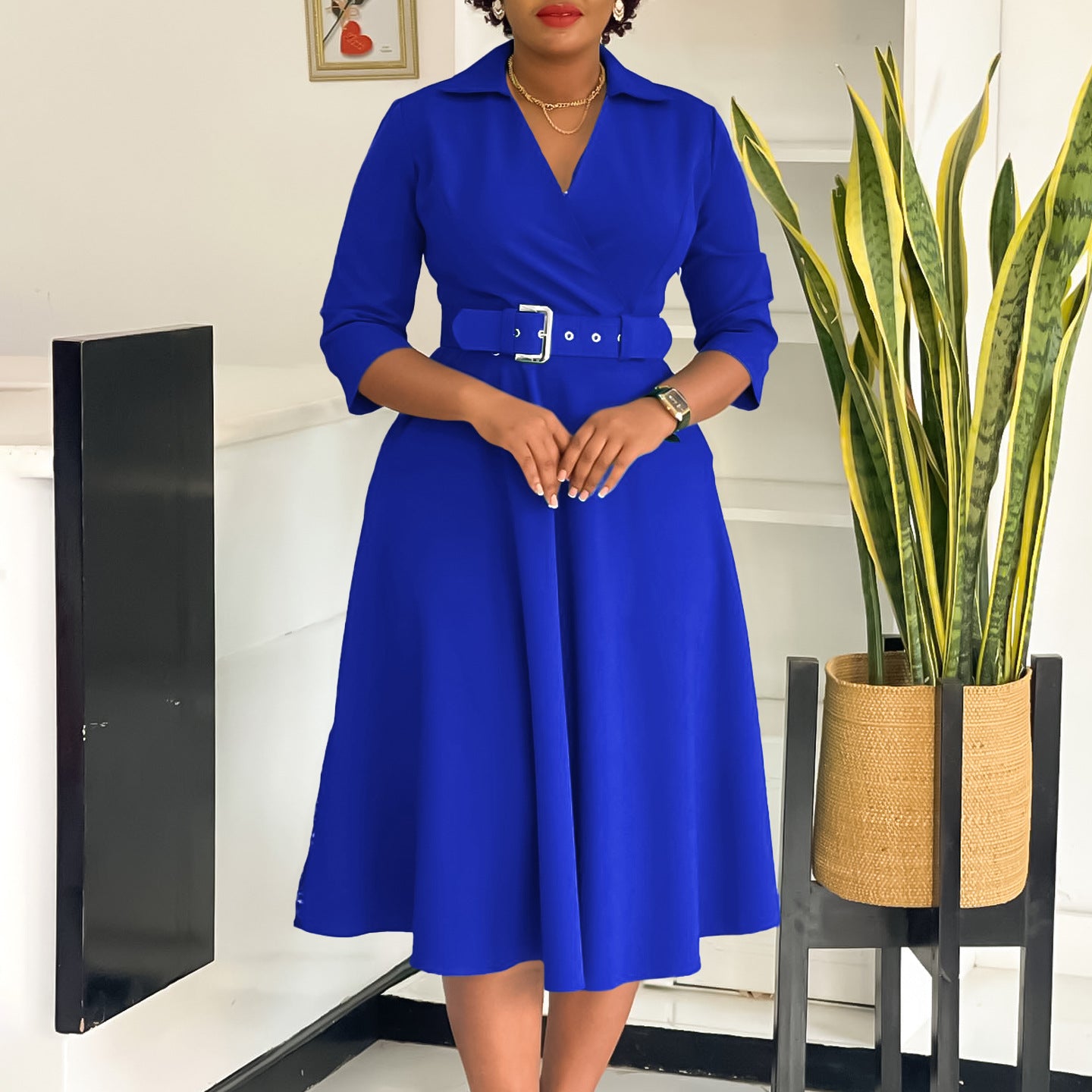 Women's Autumn Lapel Fashion Temperament Pure Color Big Dress