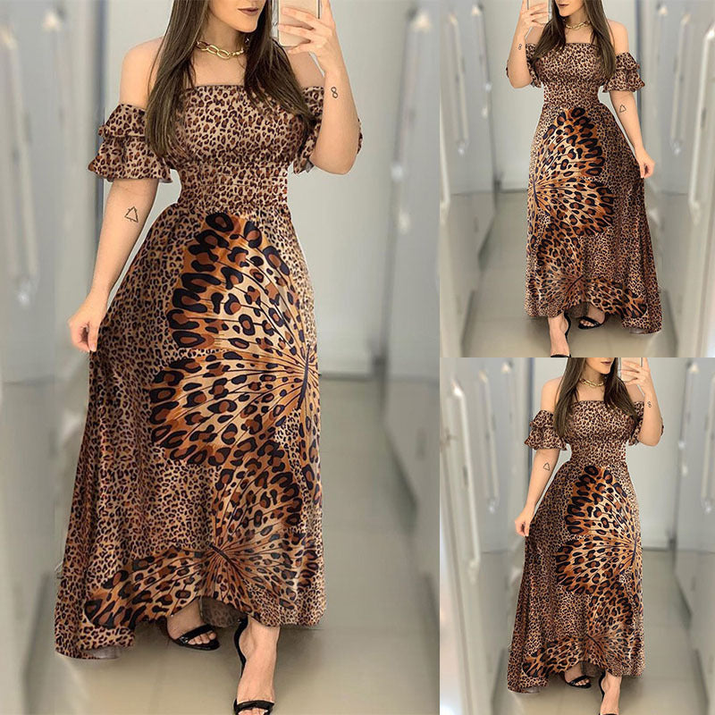 Wrapped Chest Butterfly Print Waist Large Swing Ruffle Dress