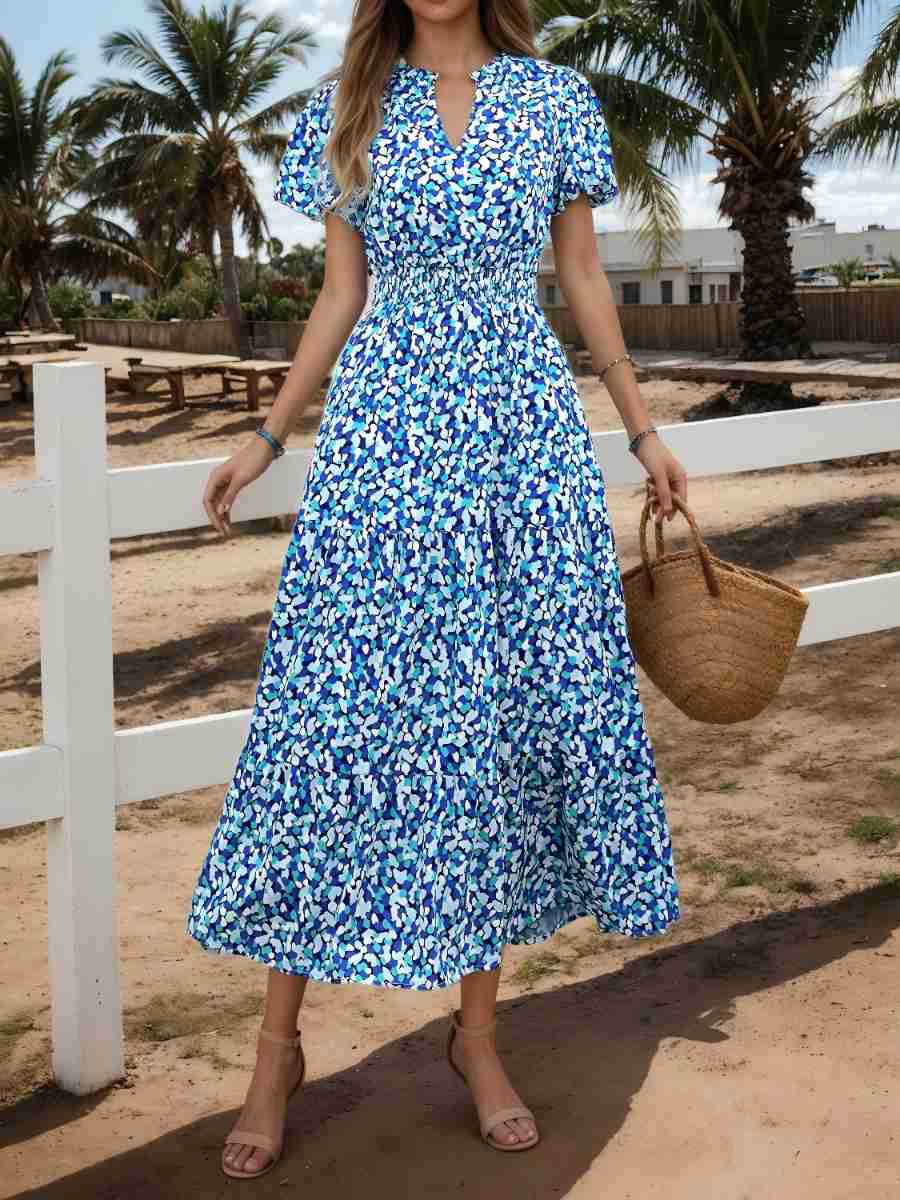 Women's Puff Sleeve Floral Sexy Print Waist Dress
