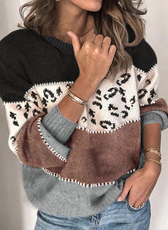 Spring Personality Leopard Splicing Fashionable Knitted Pullover Knitting Women's Sweater