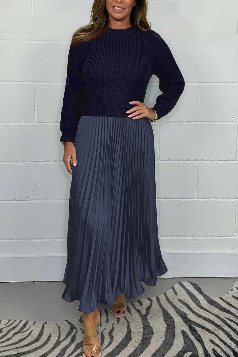 Women's Solid Color Knitted Long-sleeved Pullover Stitching Dresses