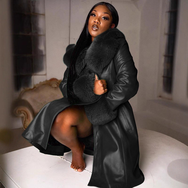 Warm Pure Color Lapel Long Stitching Big Fur Jackets